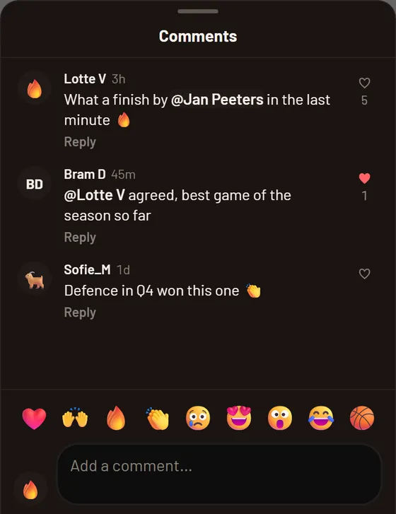 The comments in the TIB app with replies, hearts, a row of emojis and the comment box