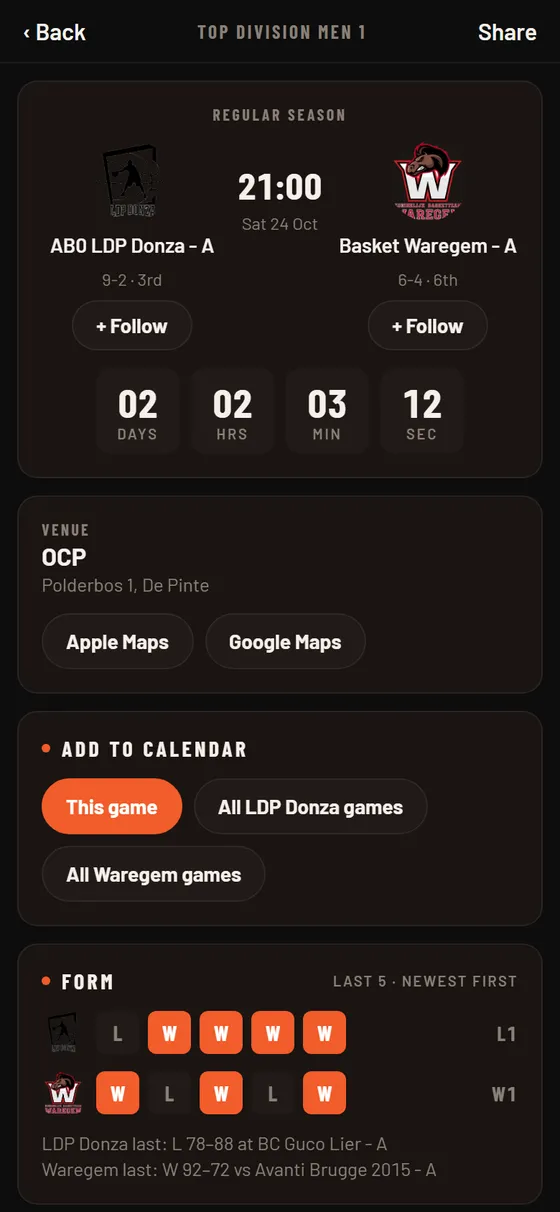 Game preview in the TIB app with a countdown, the venue with map buttons, add to calendar and form