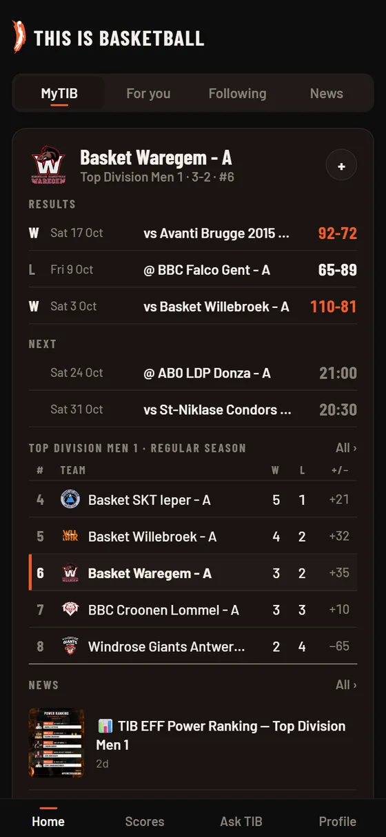 MyTIB in the TIB app: a followed team with its results, next games, standings and news