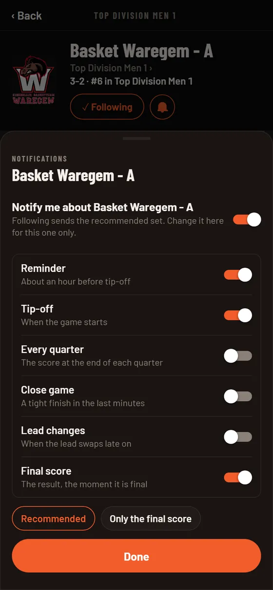 The notification settings of a followed team in the TIB app, with a switch per moment